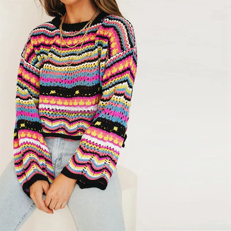 Rainbow Striped Clothes Custom Knit Sweater Stitching Autumn Winter Knitwear Round Neck Striped Sweater Women Stylish