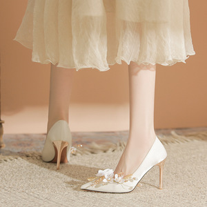 Satin Pointed Toe Stiletto <b>Heel</b> Wedding Shoes With Flower Decoration Bridal Pumps Super High 8cm Up <b>White</b> Female - Product Image 2