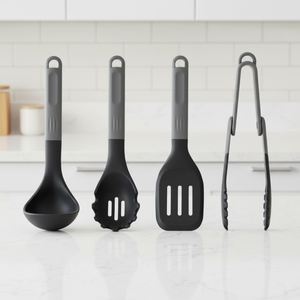 Ensemble d'ustensiles de cuisine en silicone miniatures personnalisés, 4 pièces, écologiques, de qualité alimentaire, noirs, compatibles lave-vaisselle et micro-ondes - Product Image 1