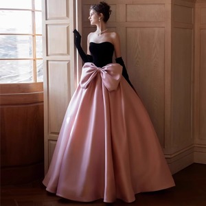 Evening Gown Strapless Empire Waist Black And Pink Contrast Color Satin Ball Gown For Formal Events Party Wedding - Product Image 3
