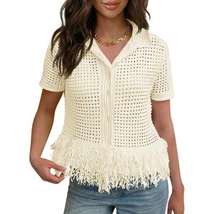 Cárdigan de ganchillo personalizado para mujer, manga corta, con flecos, cuello con botones, suéter, blusas bohemias para vacaciones de verano - Product Image 1