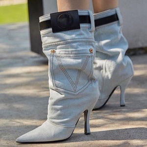 2021 New Fancy Half Knee High <b>Boots</b> Fashion Solid Pointed Toe Mid Calf <b>Boots</b> Denim With Belt New Winter Plus Size 47 - Product Image 1