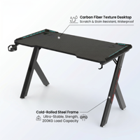 Modern R-Shape Gaming Desk With Carbon Fiber Surface Headphone Hook And Cup Holder Black Metal Frame For Work From Home