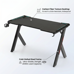 Modern R-Shape Gaming <b>Desk</b> With Carbon Fiber Surface Headphone Hook And Cup Holder Black Metal Frame For <b>Work</b> From Home - Product Image 5