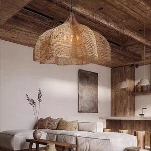 Luminaire suspendu en rotin LED de style <span class=keywords><strong>zen</strong></span> japonais, blanc chaud, taille moyenne, pour salon ou chambre à coucher - Product Image 1