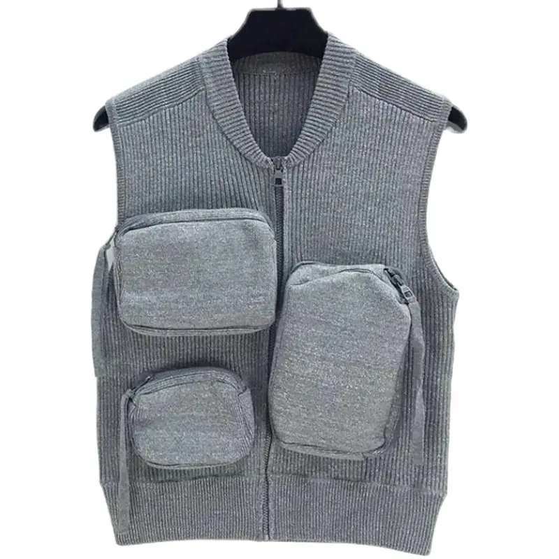 Gilet pull pour hommes OEM gilet à col roulé à fermeture éclair de couleur unie personnalisé gilet pull en tricot sans manches