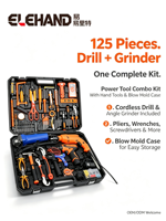 Kit d'outils électriques de 125 pièces avec perceuse sans fil et meuleuse d'angle, ensemble complet d'outils à main avec coffret en plastique pour la réparation à domicile et le bricolage