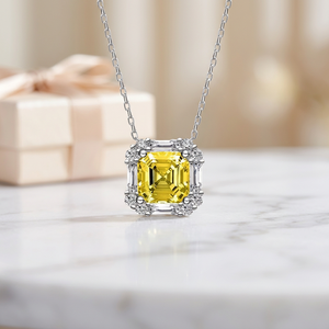 Asscher Cut Yellow Moissanite Halo <b>Charm</b> <b>Necklace</b> Sterling Silver Luxury GRA Certified Prong Set Fine Jewelry Women - Product Image 2