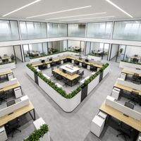 Aménagement intérieur de bureau : îlot central, zones de travail ouvertes, bureaux, salles privées, salles de réunion, mobilier commercial, plan d'aménagement