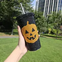 Ice Coffee Cup With Bamboo Lids And Glass Straw, Ghost Pumpkin Bat