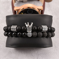 Ensemble de bijoux pour homme Hip Hop de luxe 2 pièces, bracelet en onyx noir mat et pierre de lave, bracelet avec pendentif roi en CZ noir glacé