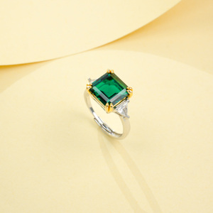 925 Sterling <b>Silver</b> Lab Grown <b>Emerald</b> <b>Ring</b> Two Tone Gold Plated Adjustable Women Engagement Jewelry K - Product Image 2