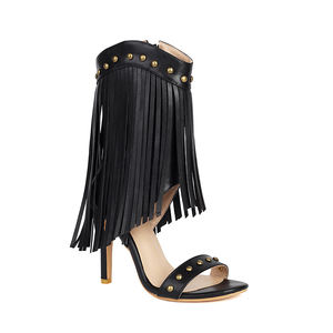 WETKISS Sandali Gladiatore Vintage con Borchie e Frange per Donne, Punta Tonda, Tacco Alto a Spillo, Stivali con Nappine, <span class=keywords><strong>Scarpe</strong></span> Estive da Festa - Product Image 4