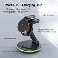Chargeur sans fil magnétique pliable 4 en 1 avec lumières nocturnes colorées pour smartphone, casque, iWatch, charge rapide rotative 15W
