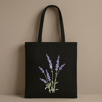 Sac fourre-tout en toile noire avec broderie lavande, fermeture éclair, style minimaliste, sac de voyage pour femme, utilisation toutes saisons