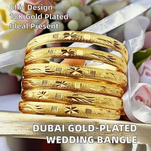 Brazalete JXX Estilo Dubái Clásico Tallado en Cobre Chapado en Oro Amarillo, Brazaletes Modernos para Novias del Medio Oriente, Regalo de Boda - Product Image 2