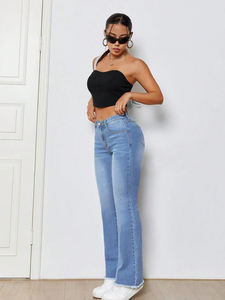 Pantalon <span class=keywords><strong>Jean</strong></span> Flare <span class=keywords><strong>Femme</strong></span> Taille Haute Bleu Clair Délavé Jambes Larges Longueur Cheville Chine Vente en Gros - Product Image 6