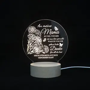 3d acrílico personalizado presente luz usb, lâmpada led mensagem luz noturna de madeira para o dia da mãe