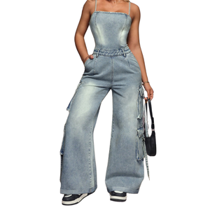 Enterizo Elegante de Mezclilla para Mujer Tallas Grandes con Pierna Ancha y Espalda Descubierta Estilo Lavado Ácido para Fiesta - Product Image 1
