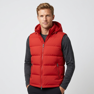 <b>Men's</b> <b>Red</b> Hooded Puffer <b>Vest</b> Zipper Front Windproof Casual Sleeveless Jacket Winter Outerwear Unisex Half Sleeves Jacket - Product Image 1