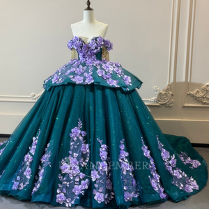 Robe de bal Quinceañera XS300 en dentelle avec perles de cristal, paillettes, décolleté cœur, appliques florales et pompons, pour femme, idéale pour les fêtes - Product Image 3