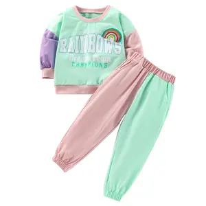 Hot Selling Casual Cartoon Printed Color Block 2 Piece Tracksuit Girls Clothing Sets for Spring