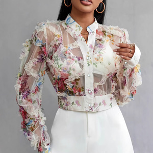 Camicetta <span class=keywords><strong>in</strong></span> Chiffon Floreale con <span class=keywords><strong>Pizzo</strong></span> Stile Francese Vintage Chic di Design, a Maniche Lunghe, per il Mercato Europeo e Americano - Product Image 1