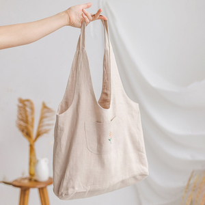 Bolso de compras de lino con asa de hombro de tela natural reutilizable con logotipo bordado al por mayor de proveedor con bolsillo - Product Image 3