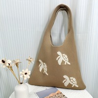 Sac fourre-tout en tricot rose cerise avec motif fruitier, sac à bandoulière souple, sac de shopping en maille ouverte, emballage avec logo tricoté, faible MOQ, vente en gros