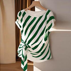 Camiseta <span class=keywords><strong>de</strong></span> Verano para Mujer, Estilo Casual, Elegante, <span class=keywords><strong>de</strong></span> Manga Corta, Cuello Redondo, con Tirantes, Rayas y Cordones - Product Image 4