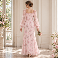 Robe longue OEM pour femme en mousseline de soie à imprimé floral, col carré, avec nœud sur le devant, manches longues bouffantes et poignets à volants, ajustée, pour occasions spéciales