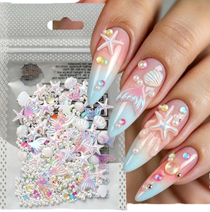 Accesorios 3D para uñas con diseño de aurora, océano, estrella de mar, concha, cola de sirena, perlas y resina para manicura en salón de uñas. - Product Image 1