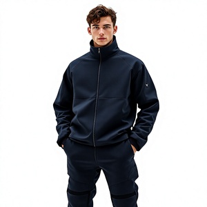 Ensemble de survêtement noir uni pour homme, coupe-vent, col montant, veste zippée et pantalon, tenue sportive d'automne, ensemble décontracté long - Product Image 1