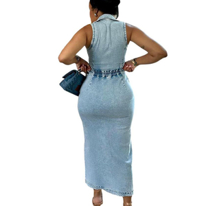 Nouvelle robe en jean sexy sans manches à col roulé et fente pour femme, tendance - Product Image 4
