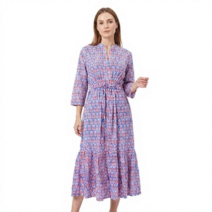 Floral Printed Woven Cotton Floor-Length Dress V-Neck Three Quarter Sleeve A-Line Loose Fit Casual Daily Wear Spring Style - Product Image 1