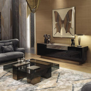 Mueble de sala de estar moderno, mesa de té de vidrio templado con patas de mármol, copia superior, mesa de té de vidrio rojo - Product Image 6