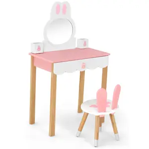 Kids Rabbit Vanity Table Chair Set with Mirror and Drawer Combining lovely appearance and practicality table and chair set