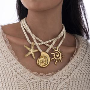 قلادة نسائية عصرية من الفولاذ المقاوم للصدأ مطلية بالذهب عيار 18 قيراط بتقنية PVD، قلادة بدلايات على شكل محارة وشمس ونجمة وصدفة، مقاومة للماء ولا تفقد بريقها - Product Image 4
