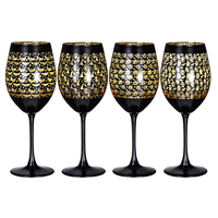 Verre à vin sans pied en cristal noir mat de luxe, artisanal, avec motif citrouille et chauve-souris en feuille d'or, pour Halloween festif
