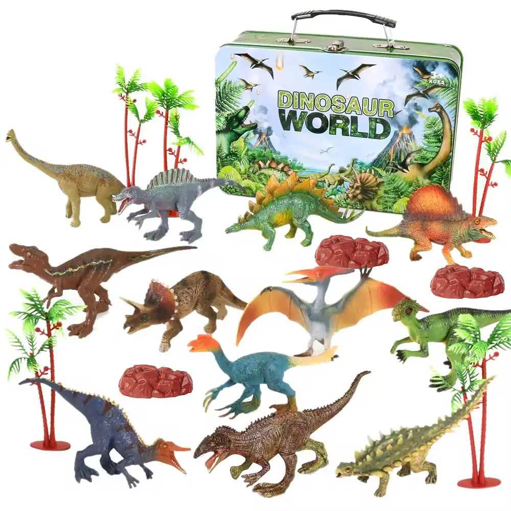 Brinquedo de dinossauro em PVC de plástico para presente infantil, 12 peças, em caixa portátil de lata, de 7'