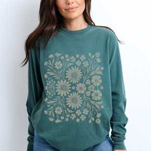 T-shirt à manches longues monochrome floral style bohème OEM ODM, style vintage, motif floral, cadeau pour les amoureux de la nature, tendance bohème, chic rétro - Product Image 2