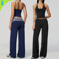 Ensemble de yoga pour femme en tissu brossé à pois, avec débardeur à col halter et coussinets amovibles, et pantalon de yoga évasé taille haute, séchage rapide, pour la gym