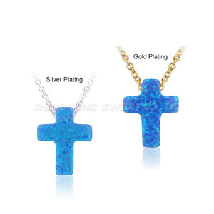 <span class=keywords><strong>Collana</strong></span> <span class=keywords><strong>con</strong></span> <span class=keywords><strong>Croce</strong></span> in Opale, 9x12mm, Ottone Placcato <span class=keywords><strong>Oro</strong></span>, Personalizzabile, Pendente in Opale Blu e Bianco, Ordine Minimo 1 Pezzo - Product Image 1