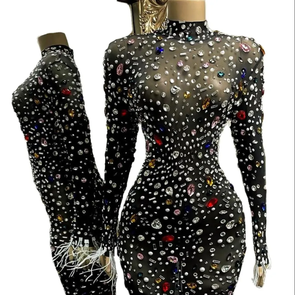 Summer Elegant Sparkling Rhinestone Black Cocktail Dress Women Sexy Dress