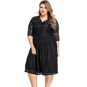 Ultime tessuto del merletto di modo 3/4 manica a pieghe del vestito donna plus size