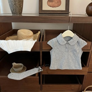 Sweet Ballet Style Polo Collar Gray Pleated Skirt Set For Baby Girls Cotton Two Piece Outfit Summer New Arrival - Product Image 3