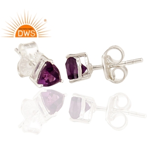 Trillion Cut Amethyst Gemstone Earrings Designer 925 <b>Sterling</b> Fine <b>Silver</b> Tiny <b>Stud</b> Earrings Jewelry Manufacturer - Product Image 2