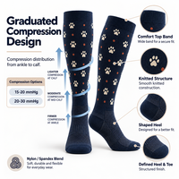 Chaussettes de compression montantes personnalisées pour animaux de compagnie avec empreintes de pattes, 15-20 20-30 mmHg, en tricot jacquard, OEM ODM Marque Privée