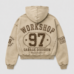 Sudadera con capucha gráfica beige vintage con lavado ácido, corte cropped, cremallera completa, efecto desgastado, apliques y estampados en las mangas, estilo streetwear, venta al por mayor, sudadera con capucha personalizada para hombre - Product Image 2