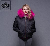 Janefur Bomber à capuche avec col en fourrure pour femmes-Blouson d'aviateur d'hiver à capuche en fausse fourrure véritable de raton laveur